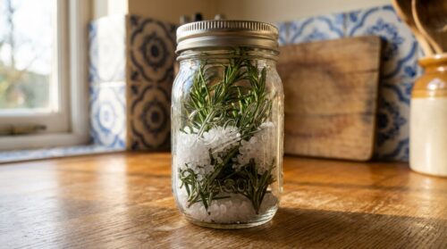 entdecke die vorteile, rosmarin und grobes meersalz gemeinsam in einem glas aufzubewahren – für natürlichen duft und praktische nutzung in deinem zuhause.